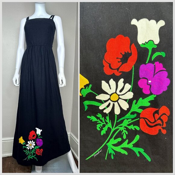 Vintage Dresses & Skirts - Vintage 1970s Black Maxi Dress with Floral Border Print, Malia Size XXS/XS